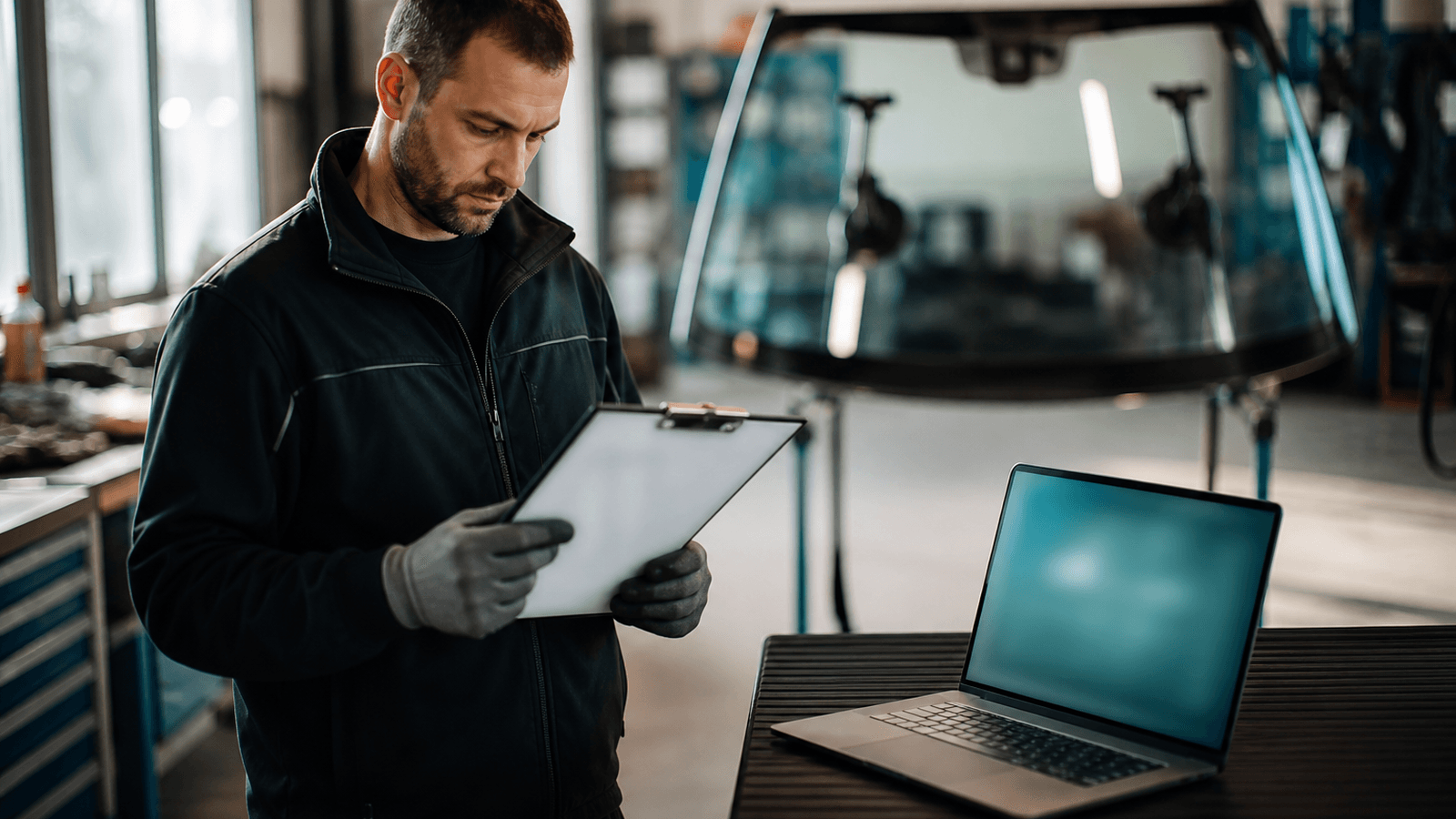 Technician at a European auto-glass bay holding a job clipboard beside a laptop showing a vehicle VIN field, with a windshield on a rack in soft focus behind — no readable text, logos, plates, or part numbers in frame.