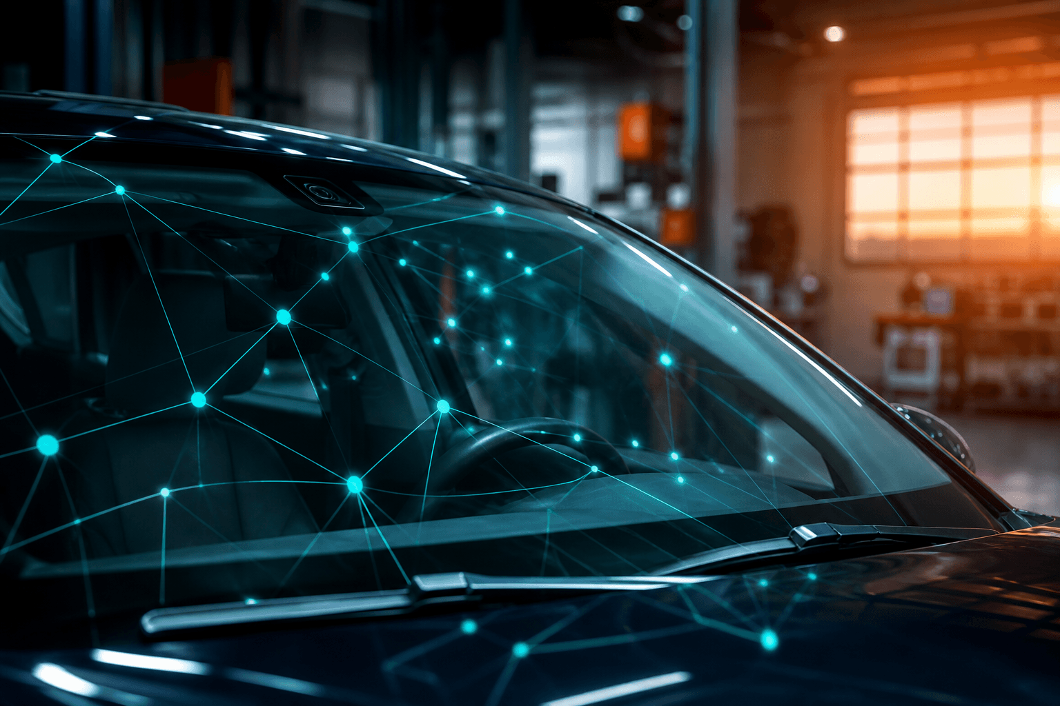 Windshield in a workshop with a teal data network overlay, suggesting autoglass software and API integration