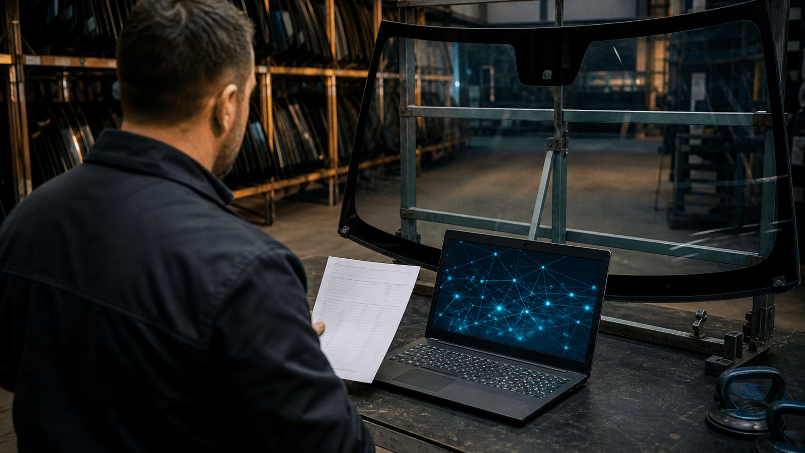 Autoglass parts-counter workstation in a European workshop, a windshield on a rack behind the desk, a fitter comparing a job ticket to a laptop VIN lookup — no readable text, logos, or catalog codes in the frame.