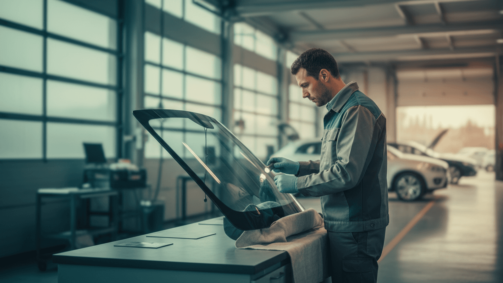 European auto glass bay with a technician at a parts desk checking a vehicle identification plate area on a windshield job, soft daylight, no readable VIN text, logos, or licence plates.