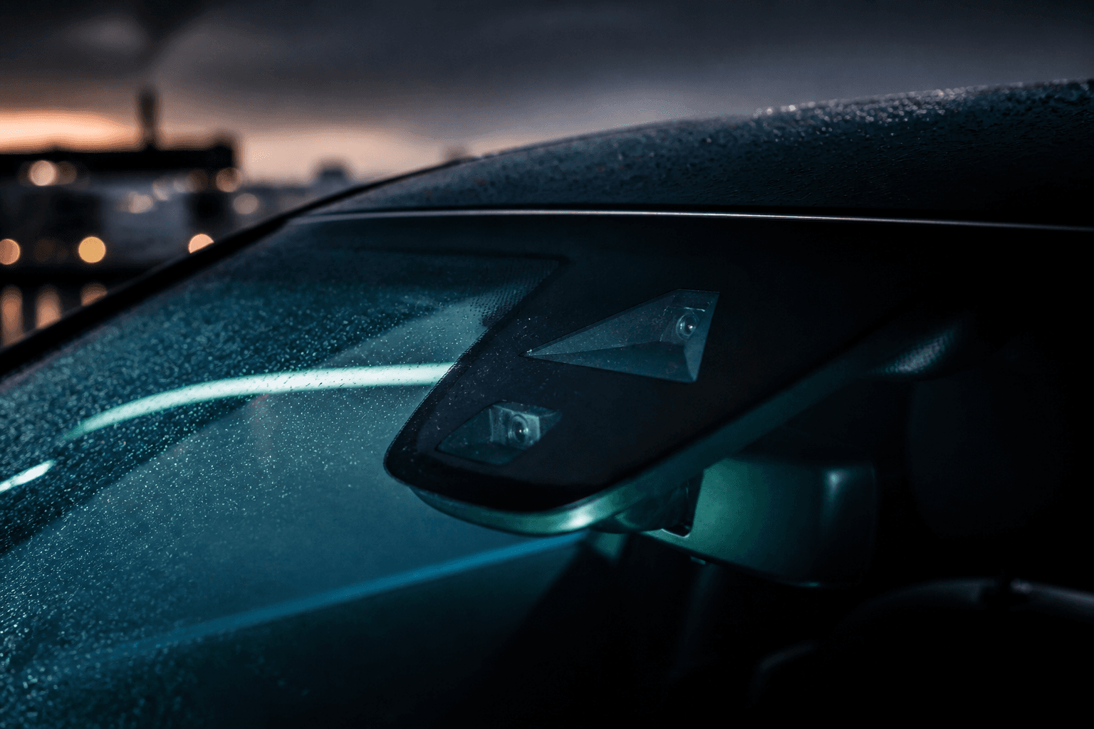 Premium car windshield with rain mist and ADAS camera housing — illustrating OEM windshield quality and fitment