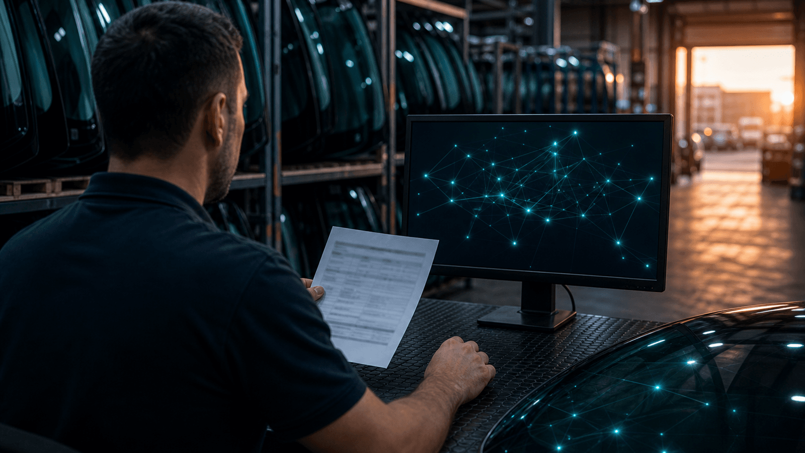 Technician at a glass-shop parts counter comparing a vehicle VIN on a job sheet with the matching windshield eurocode and OEM part number on a computer screen.